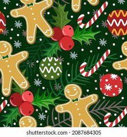 Vector seamless christmas pattern  with ginger bread men, lolipops, christmas toys, holly berries, snowflakes and coniferous branches.