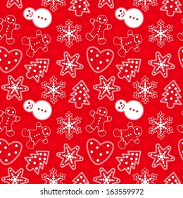 Vector seamless christmas pattern with gingerbread in red background