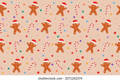 Vector seamless Christmas pattern, gingerbread man, candy cane, stars, heart, snowflaces Design for gift wrapping paper, fabric, clothes, textile, surface textures, scrapbook, wallpaper.