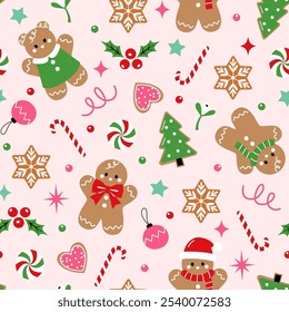 Vector seamless Christmas pattern with gingerbread cookies on pink background in cute cartoon style