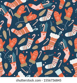 Vector seamless Christmas pattern with gloves, socks, cone. Print for fabric, wrapping paper or wallpaper. New Year and winter holidays background