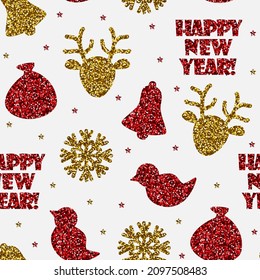 Vector seamless christmas pattern. Gold and red glitter deer, snowflake, bell, bird and inscription Happy New Year isolated on white background.