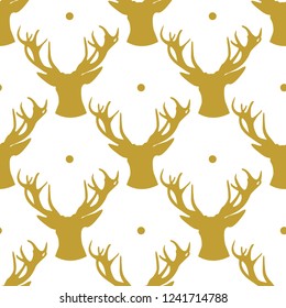 Vector seamless christmas pattern with golden deers on white background. Perfect for wrapping paper or fabric. 