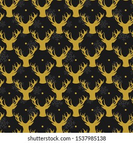 Vector seamless Christmas pattern with golden silhouettes of heads deers on black background. Christmas design for greeting card, gift box, wallpaper, fabric, textile, package, web design.