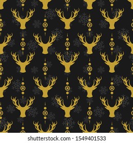 Vector seamless Christmas pattern with golden christmas deers on black background. Holiday design for greeting card, gift box, wallpaper, fabric, wrapping paper, web design.