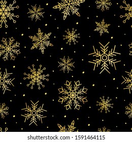 Vector seamless Christmas pattern with golden snowflakes isolated on black background. Can be used for design of gift wrap,textile,blog decoration,banner,poster,website,wallpapers and greeting card