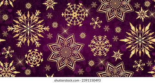 Vector seamless Christmas pattern with golden snowflakes on a purple gradient background