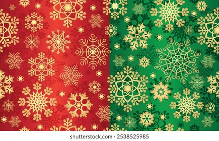 Vektor nahtloses Weihnachtsmuster mit goldenen Schneeflocken und Sternen auf grünem und rotem Farbverlauf Hintergrund	
