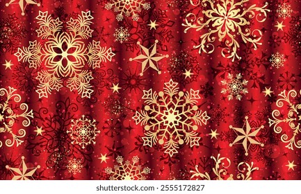 Vector seamless Christmas pattern with golden snowflakes and stars on a  red gradient background with bokeh