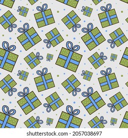 Patrón navideño sin vectores con cajas de regalo verde con arco. Ilustración simple. Estilo Doodle. Diseño de embalajes, textiles, papelería.