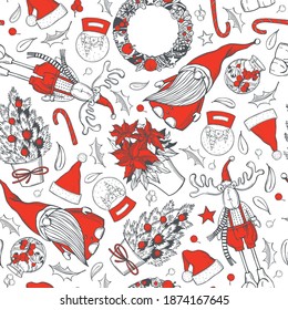 Vector seamless Christmas  pattern with hand drawn elements. 