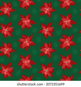 Patrón de Navidad sin fisuras vectores. Poinsettia roja para dibujar a mano y copos de nieve sobre fondo verde para envolver papel, papel pintado, postales, textiles, tela.