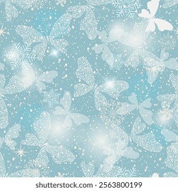 Vector seamless Christmas pattern with hand drawn dotted butterflies and snowflakes and stars on a blue spotty background 