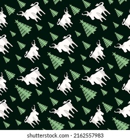 Vector seamless Christmas pattern with herringbone and white bull Symbol of 2021 on the Chinese calendar black background. Animal volumetric image, New Year and Christmas character for wrapping paper