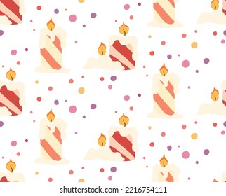 Vector seamless Christmas pattern. Holly night.  New year wallpaper with flat hand drawn candles and confetti on white background. Festive texture for backgrounds, fabrics and your creativity