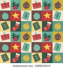 Vector seamless Christmas pattern Christmas illustration in colorful squares