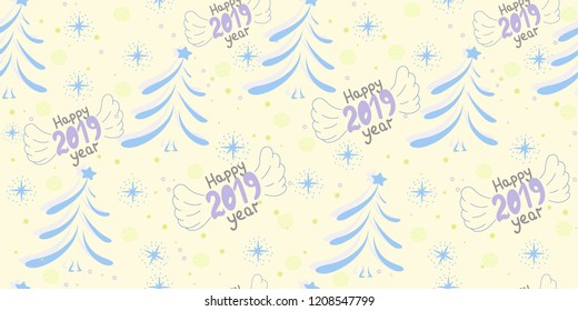 Vector seamless Christmas pattern with the inscription 2019 and new year, christmas tree. New 2019 year. Patern with the stars, snowflakes, congratulations.