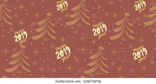 Vector seamless Christmas pattern with the inscription 2019 and new year, christmas tree. New 2019 year. Patern with the stars, snowflakes, congratulations. The template for the cover fabric, book.