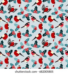 vector seamless christmas pattern with leaves berries holly and birds bullfinch. Natural winter texture.  