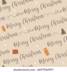 Vector seamless Christmas pattern with Merry Christmas lettering. Perfect for Christmas paper, fabric and gift designs
