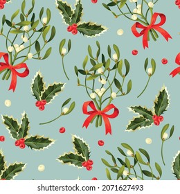 Vector seamless Christmas pattern with mistletoe and holly on dark background