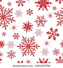 Patrón navideño vectorial sin fisuras con copos de nieve rojos monocromos y estrellas en un fondo transparente