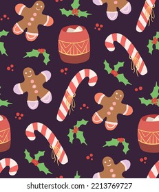 Vector seamless Christmas pattern. New year wallpaper with flat hand drawn cocoa, candy and gingerbread man confetti on dark background. Festive texture for backgrounds, fabrics and your creativity