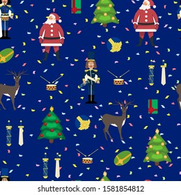 vector seamless Christmas pattern with nutcracker, Santa Claus, reindeer, Xmas tree and gifts