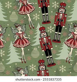 Vector seamless Christmas pattern with nutcrackers, sugar plum fairies, christmas trees, snowflakes and Christmas toys on green background.