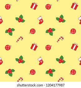 Vector seamless Christmas pattern on yellow background. Christmas elements. Perfect for wrapping paper or fabric.