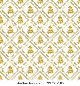 Vector seamless Christmas pattern on white background. Gold Christmas trees. Perfect for wrapping paper or fabric.