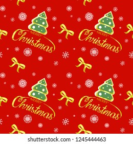 Vector Seamless Christmas pattern on a red background with lettering Christmas and with a christmas tree, snowflakes and bows. Beautiful pattern for a gift wrapping paper, t-shirts, greeting cards 