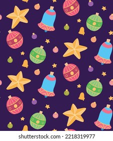Vector seamless Christmas pattern on violet background. Wallpaper with flat hand drawn cartoon new year toys - balls, bells and stars. Festive texture for wrapping paper and fabrics