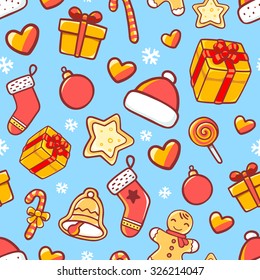Vector seamless christmas pattern on blue background. Bright color. Hand draw line art design for web, site, advertising, banner, poster, board, postcard, print and greeting card. 
