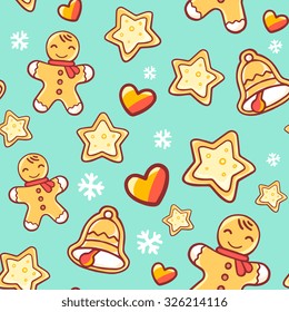 Vector seamless christmas pattern on green background. Bright color. Hand draw line art design for web, site, advertising, banner, poster, board, postcard, print and greeting card. 