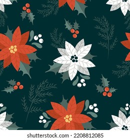 vector seamless christmas pattern with  poinsettia, holly leaves and berries