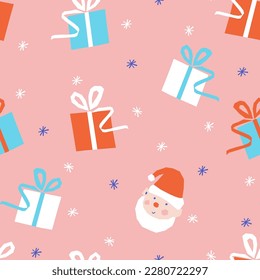 Vector seamless Christmas pattern with present boxes and Santa elves 