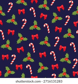 Vetor padrão de Natal sem costura com arcos vermelhos, folhas holly e bagas, bengalas de doces listradas no fundo azul escuro. Impressão festiva de férias de inverno.