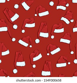 Vector Seamless Christmas Pattern of Santa Hats on Red Background