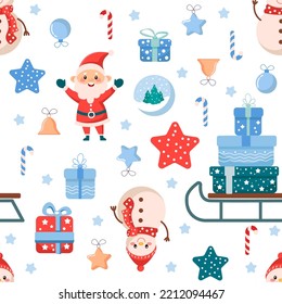 Vector seamless Christmas pattern with Santa Claus, snowman and Christmas sleigh with gifts. Winter holiday pattern for New Year and Christmas