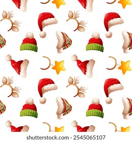 Patrón de Navidades sin costuras de Vector de sombreros de Santa, gorra de elfo, diadema de astas de reno y estrella sobre fondo blanco. Sombrero rojo de Santa Claus. Para textiles, Anuncio, Fondo de pantalla, Navidades y envases de Nuevo año