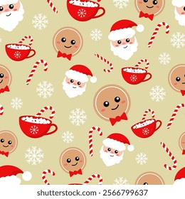 Vector seamless Christmas pattern with Santa Claus, gingerbread man and candy cane