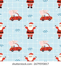 Vector Patrón de Navidades sin fisuras con Papá Noel, árboles decorados y coches festivos. Perfecto para envolver papel, textiles, Fondos de pantalla y proyectos de vacaciones.