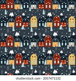 vector seamless christmas pattern in scandinavian style. pattern with cozy houses, Christmas trees and snowfall. trendy illustration in flat style for printing on fabric, wrapping paper