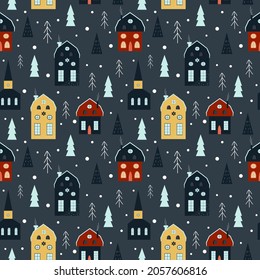 vector seamless christmas pattern in scandinavian style. pattern with cozy houses, Christmas trees and snowfall. trendy illustration in flat style for printing on fabric, wrapping paper