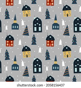 vector seamless christmas pattern in scandinavian style. pattern with cozy houses, Christmas trees and snowfall. trendy illustration in flat style for printing on fabric, wrapping paper