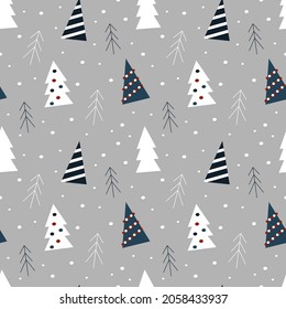 patrón de navidad sin fisuras vectorial en estilo nórdico escandinavo. patrón con árboles de Navidad y nevada. ilustración a la moda en estilo plano para imprimir en tela, papel envolvente