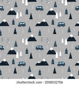 vector seamless christmas pattern in scandinavian nordic style. pattern with Christmas trees, mountains and snowfall. trendy illustration in flat style for printing on fabric, wrapping paper