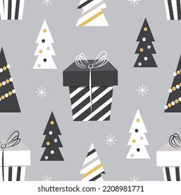 vector seamless christmas pattern in scandinavian style  with gift boxes and christmas tree