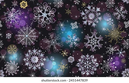 Vector seamless Christmas pattern with shiny colorful  gradient snowflakes and balls on a dark background